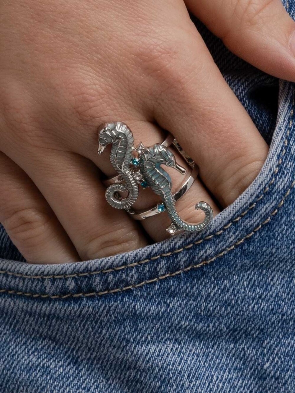 Silver Seahorse Statement Ring with Teal Stones